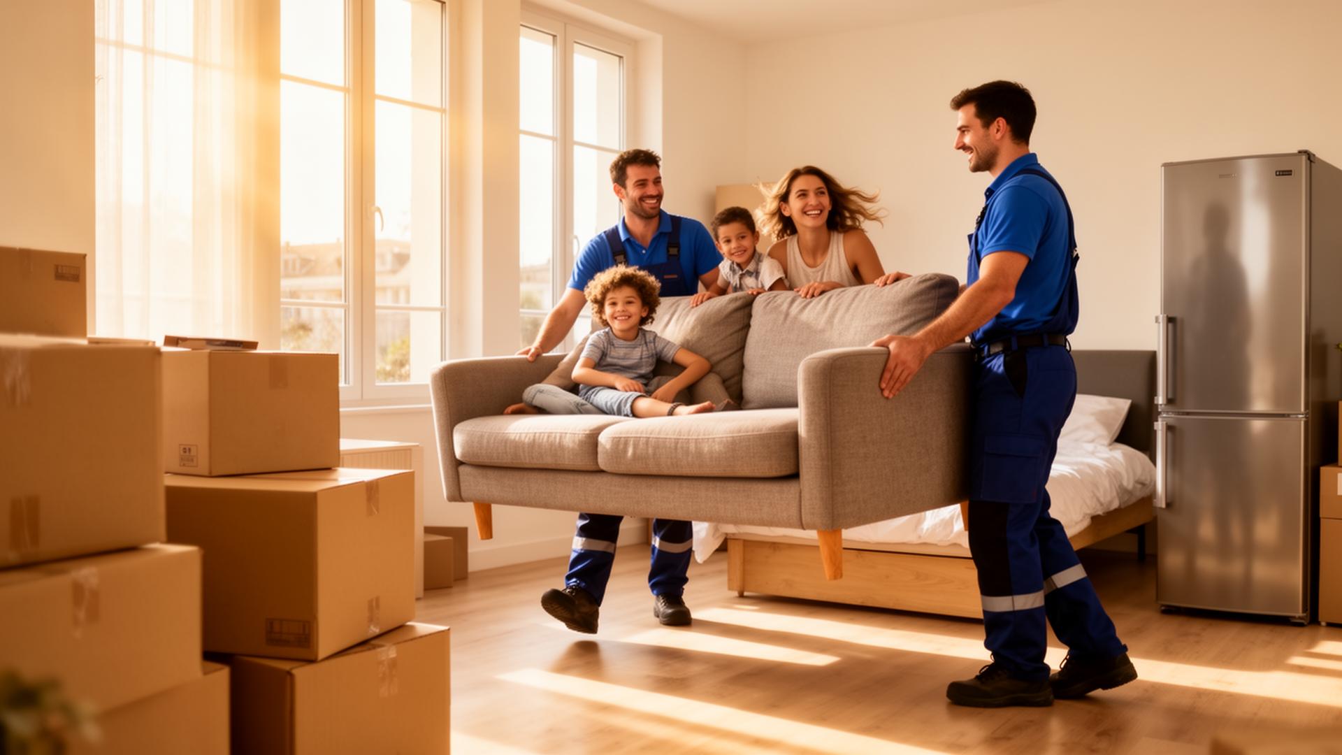 Famille emménageant avec des déménageurs professionnels